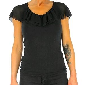 Ann Taylor Blouse Size X Small Black Ruffle Collar
